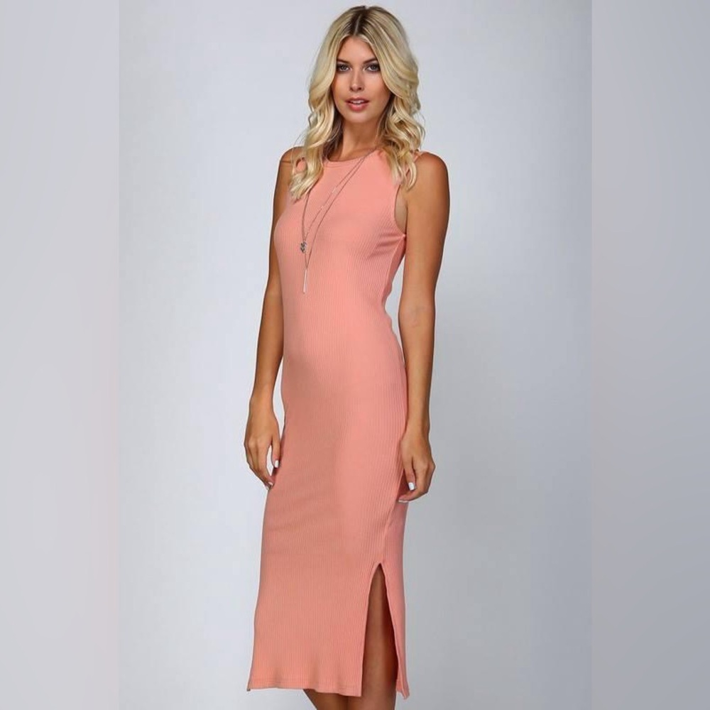 Lakefield & Co. Midi Bodycon Ribbed Dress High Neck Sleeveless Peachy Pink